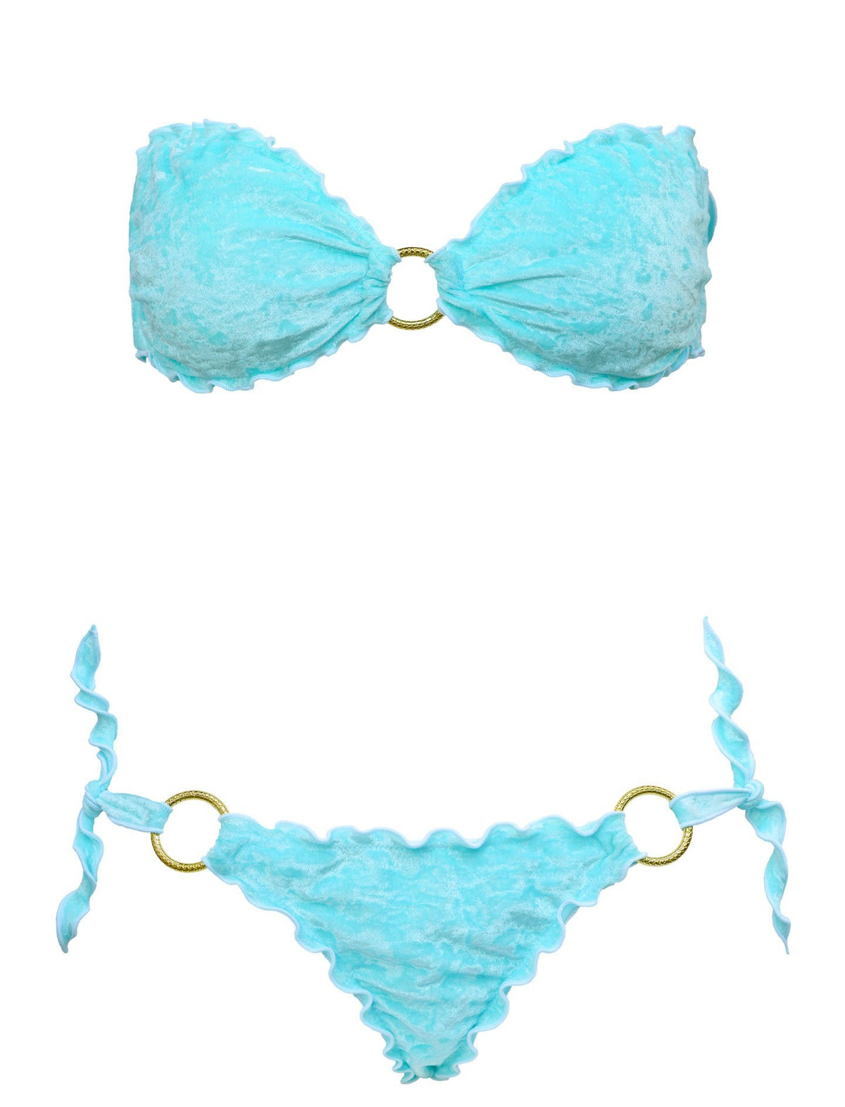 Bikini Tiffany a fascia in tessuto vellutato azzurro con anello dorato centrale e anelli dorati